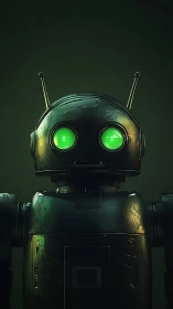Gentle green-eyed robot gazing softly into the dark.