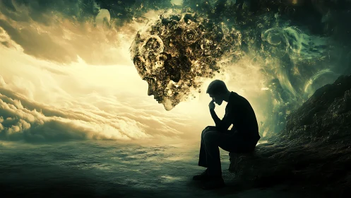 Contemplative figure beneath swirling cosmic mindscape.