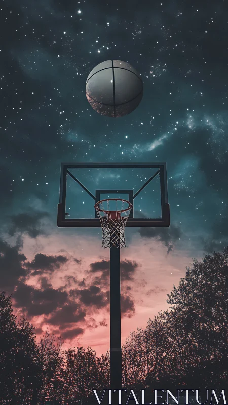 Basketball hoop silhouette under starry sky with rising ball