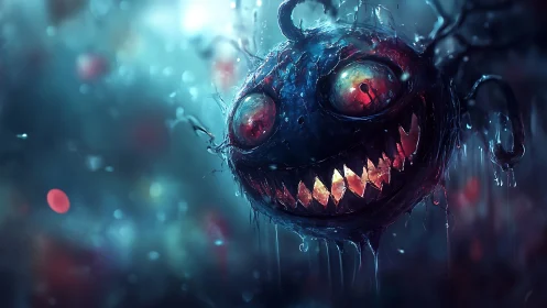 Biomechanical orb creature with dripping texture and emissive teeth