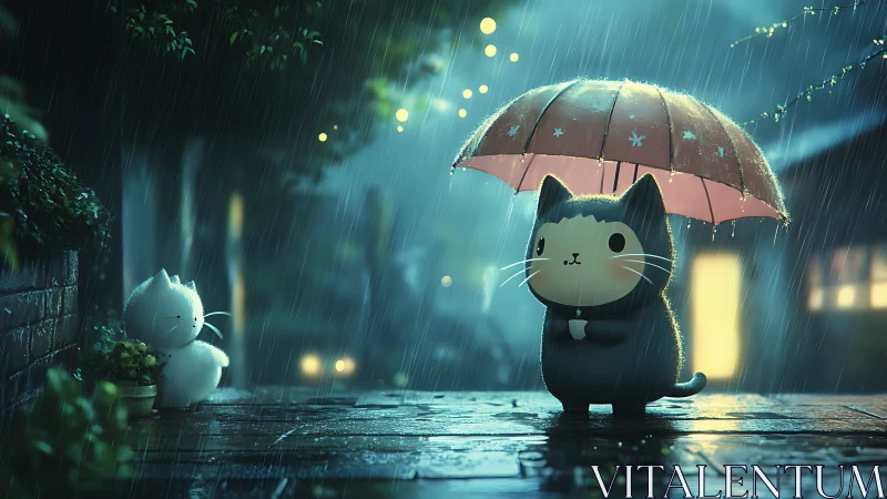 Anthropomorphic Feline Characters Under Precipitation with Luminous Bokeh Effects.