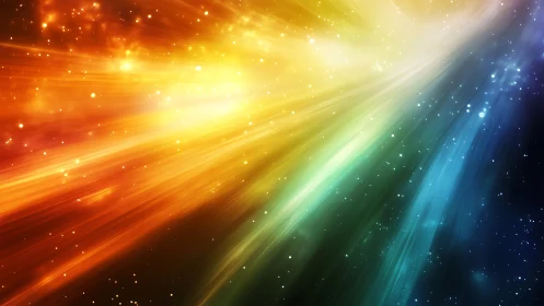 Radiant multicolor light streaks traverse a starfield background