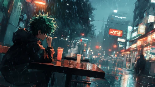 Rainy city ramen break with neon-lit late night thoughts.