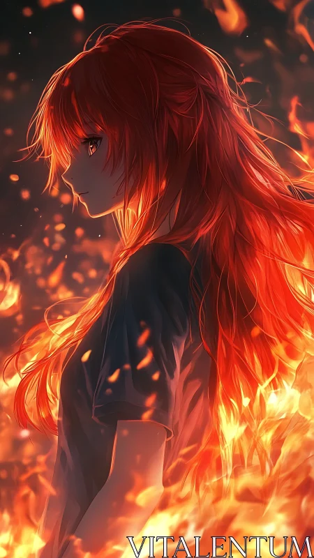 Warmhearted flame girl glowing softly in swirling firelight.