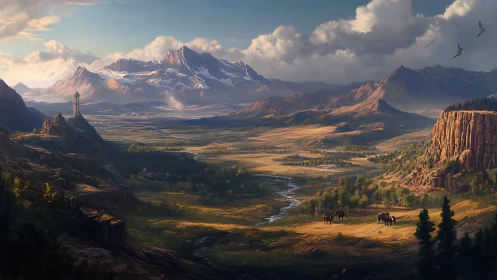 Sunlit valley drifts between watchtower spire and dragon peaks