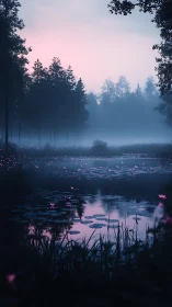 Twilight lilies glow softly across a misty forest pond
