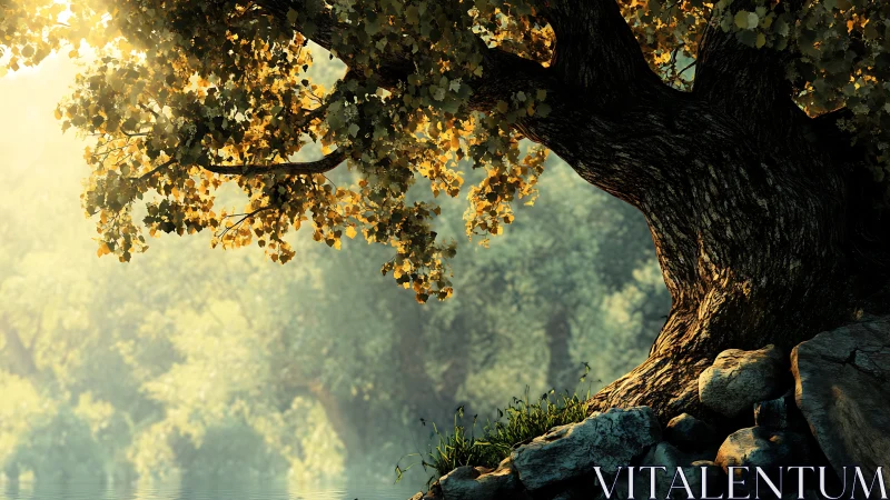 Large tree trunk beside rocks in soft forest backlight.