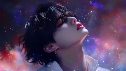 Ethereal portrait of dreamy youth drifting in cosmic starlight