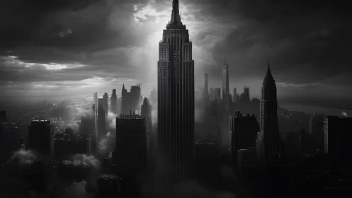 Midnight skyscraper orchestra rises through stormlit clouds