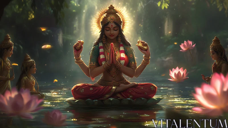 Golden serenity on a lotus lake with gentle divine glow.