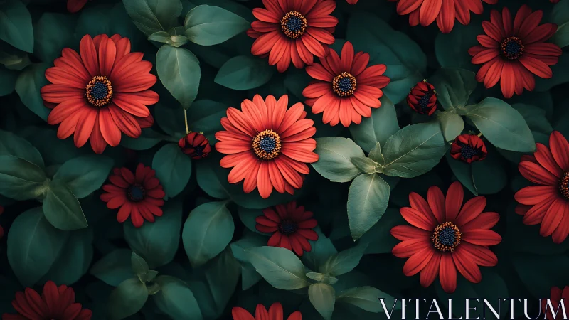 Scarlet daisies with teal foliage under soft diffused lighting