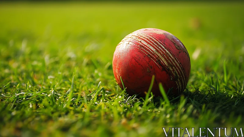 Red cricket ball resting on bright green grass field.
