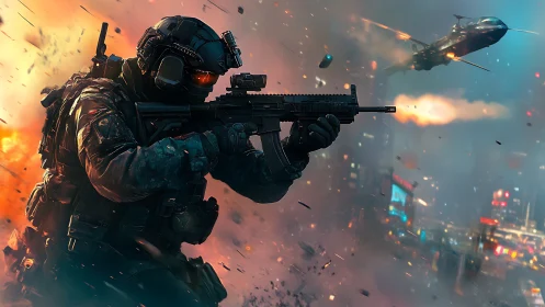 Armed tactical soldier advances through urban combat zone