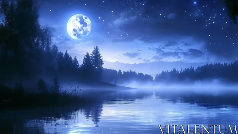 Moonlit lake landscape renders layered mist, silhouettes, and specular reflections