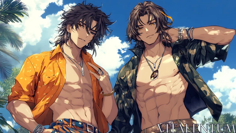 Two shirtless men in patterned shirts under clear sky.