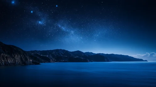 Night coastline is shown under clear star field and calm water