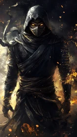 Hooded fire-eyed assassin emerges from swirling embers.