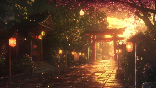 Sunlit shrine path under glowing lanterns at dusk.