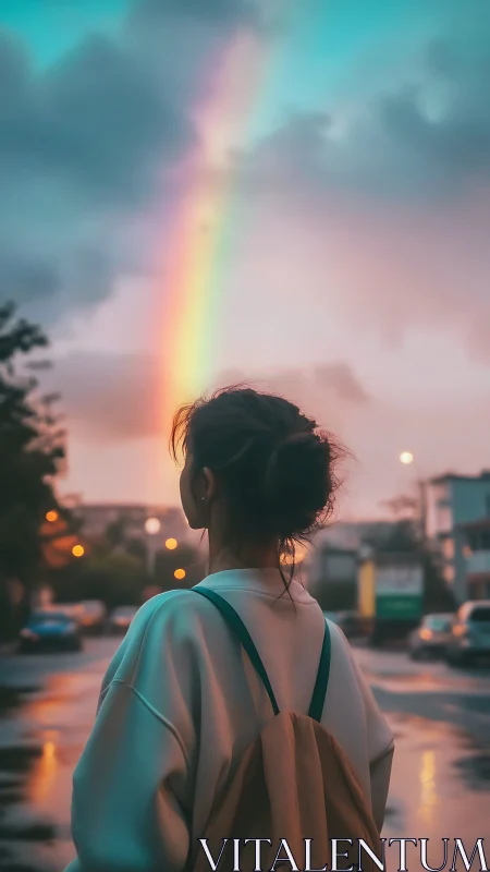 Girl with backpack under vivid urban sunset rainbow.