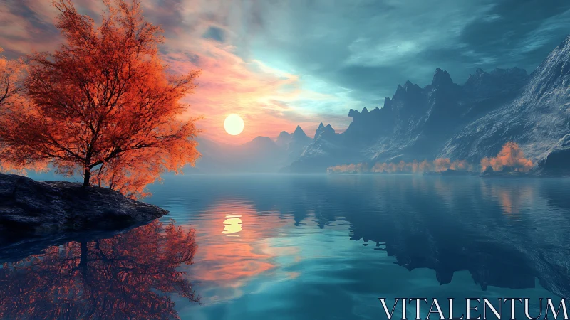 Crimson shoreline whispers to turquoise mountains at dusk