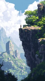 Pixel-rendered cliff panorama isolates lone figure against vast sky