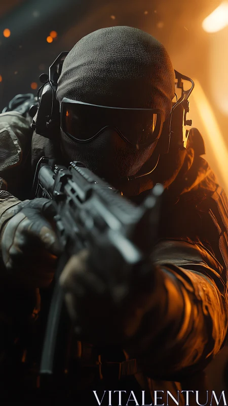 Armed soldier in tactical gear aiming rifle in combat