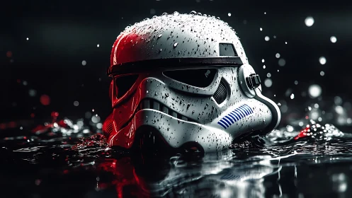 Stormtrooper helmet in cinematic wet environment, high contrast