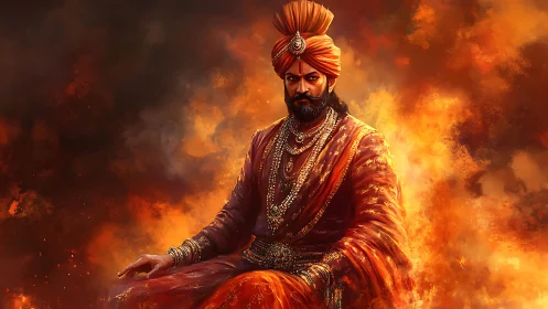 Regal warrior king seated amid swirling molten fire