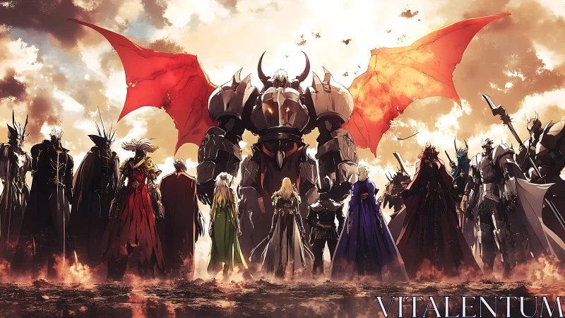 Epic anime war council under burning crimson wings.