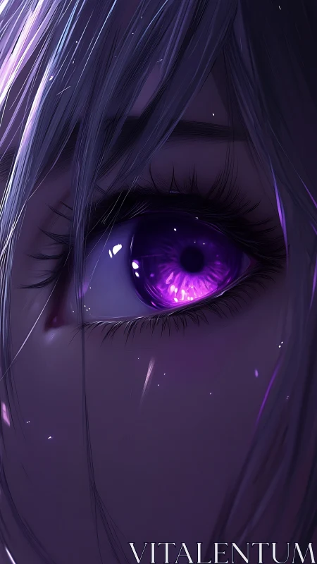 Violet anime eye glows against dark strands of silver hair