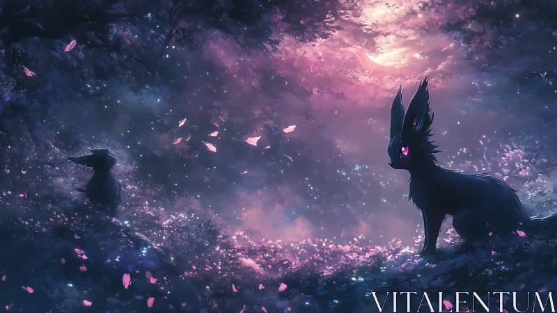 Enchanted fox spirits watch under a glowing twilight sky.