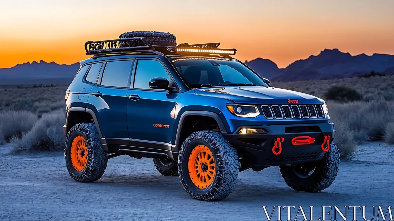 Lifted blue Jeep SUV with orange off road upgrades at dusk