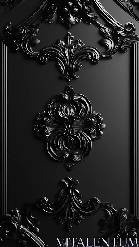 Black baroque wall panel with glossy ornamental reliefs.