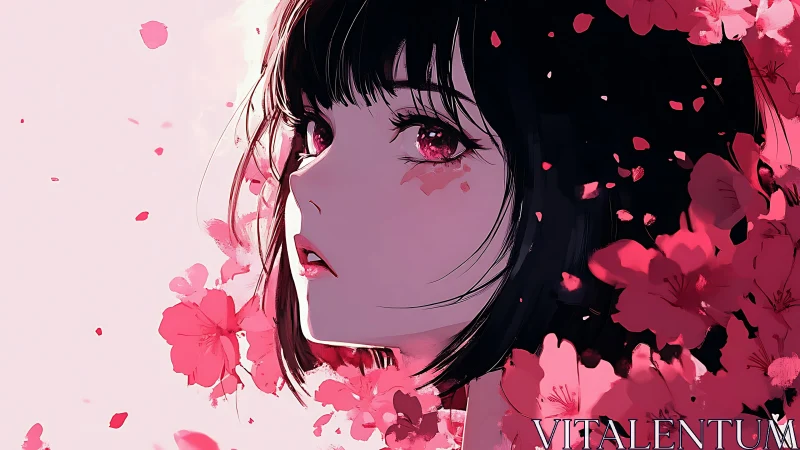 Melancholic girl amid crimson blossoms gazes into distance.