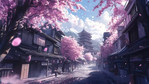 Blossom laden streets cradle a pagoda beneath drifting petals