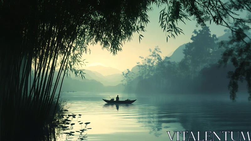 Misty river fisherman beneath arching bamboo at sunrise.