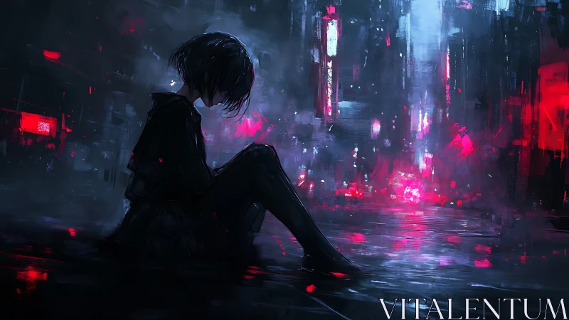 Solitary figure in neon lit urban night street environment.