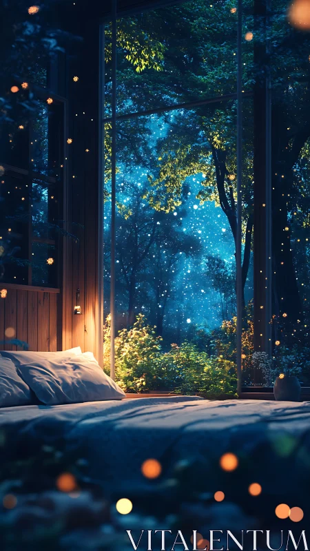 Cozy forest bedroom opens to a dreamy starlit nightscape.