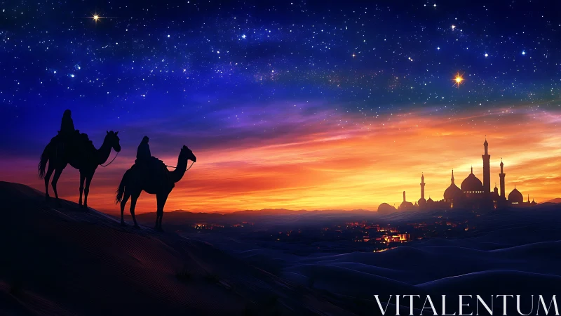 Desert travelers under a starlit sky approaching a glowing city.