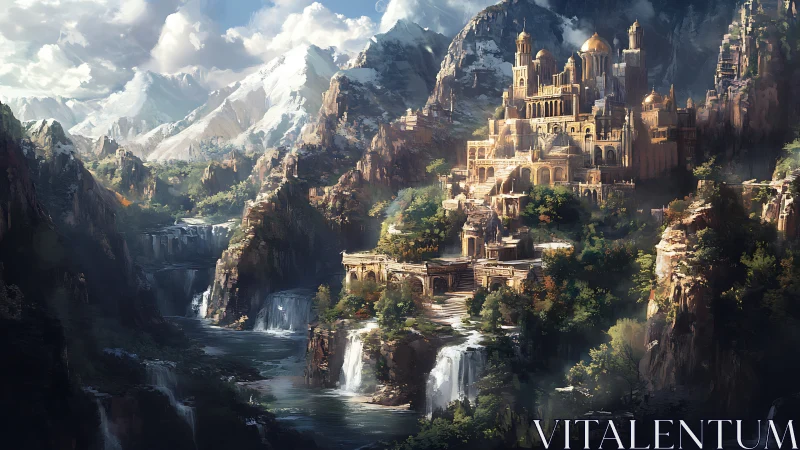 Golden mountain citadel rises above cascading waterfalls.