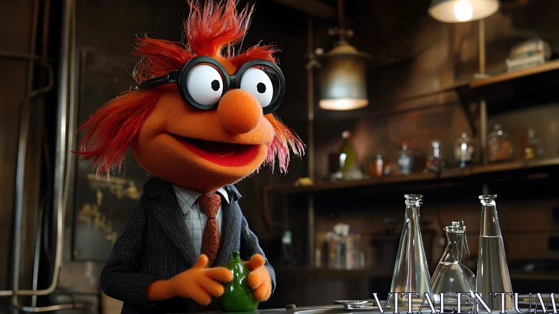 Puppet scientist in laboratory setting with glass vessels.