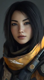 Calm young explorer gazes ahead in worn yellow spacesuit