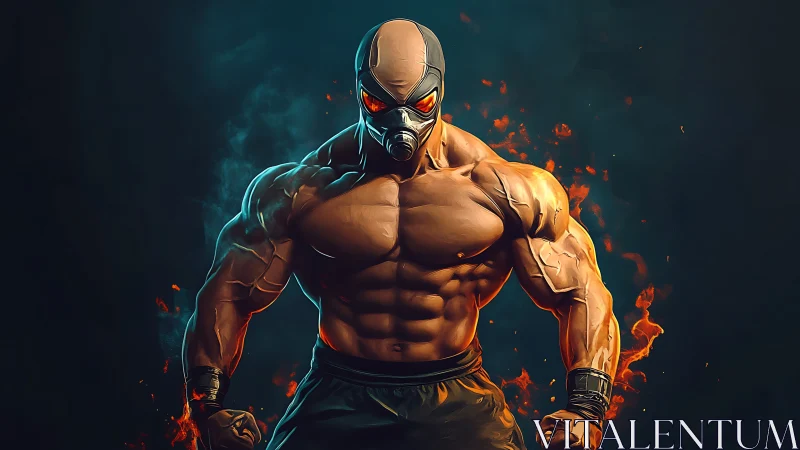 Masked muscular fighter stands amid glowing orange flames