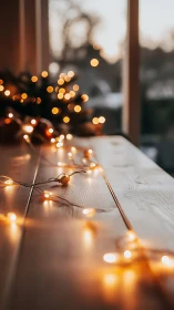 Golden string lights drifting across a quiet windowsill.