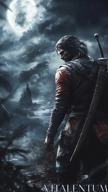 Moonlit warrior surveys stormy coastline in high-contrast detail