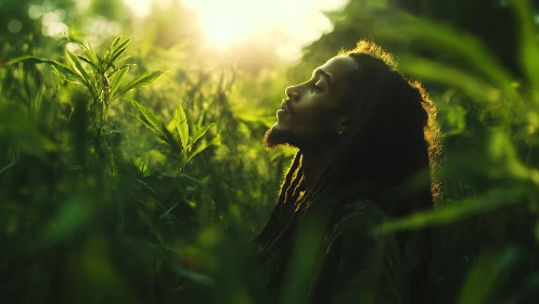 Portrait in sunlit greenery with serene upward gaze.