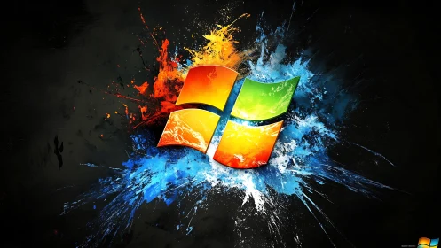 Dynamic multicolor window emblem over explosive paintfield.