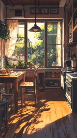 Sunlit rustic kitchen interior with warm wooden textures.