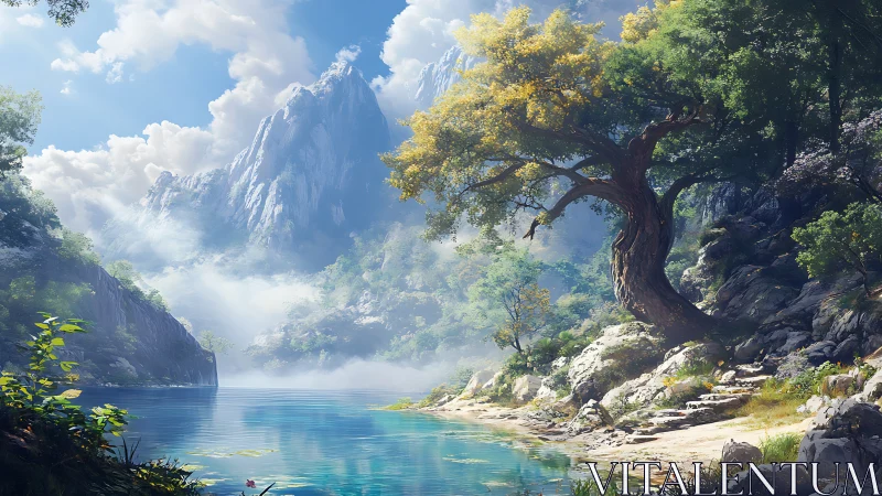 Mountain lake landscape shows large tree by rocky shoreline