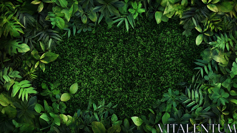 Dense tropical foliage frames deep green moss void